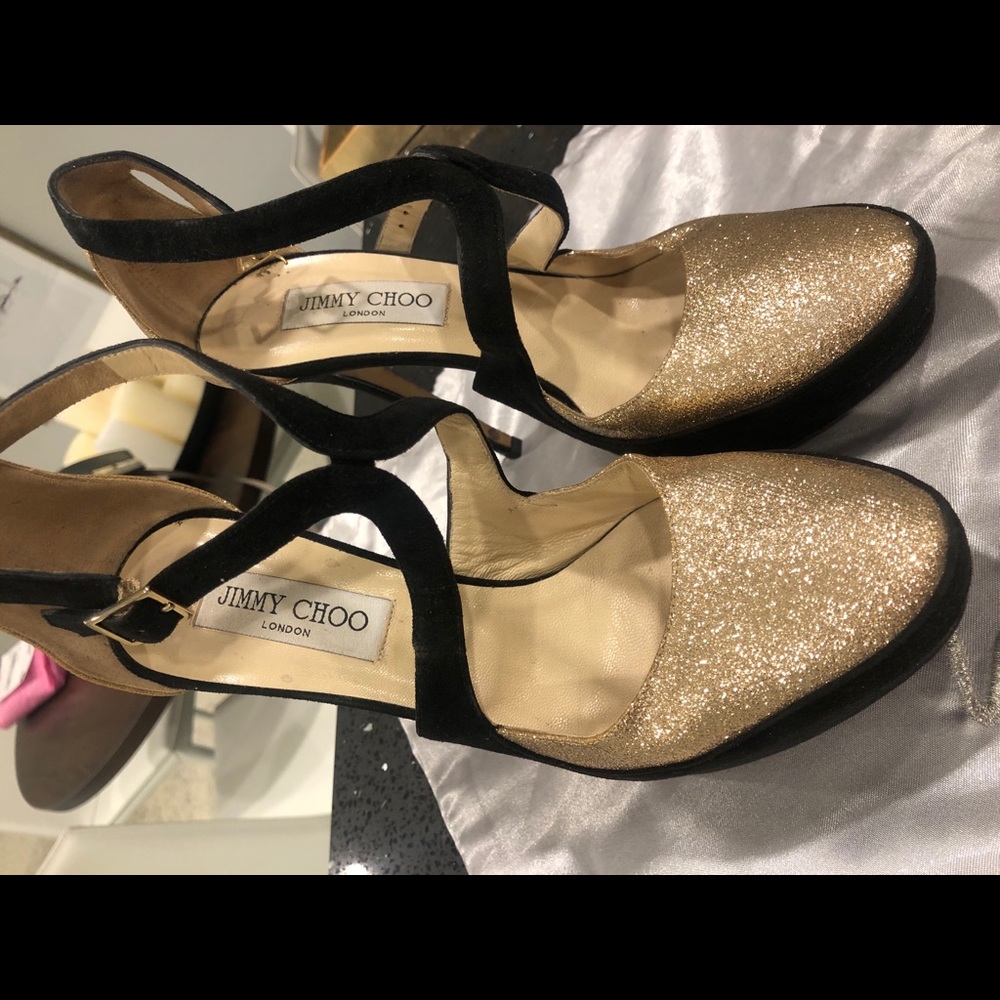 Jimmy Choo Black Suede and Gold Glitter Platform T-Strap Pumps